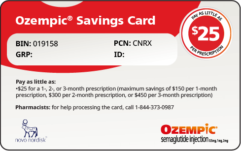 Ozempic® (semaglutide) injection 0.5 mg, 1 mg, 2 mg Savings Card