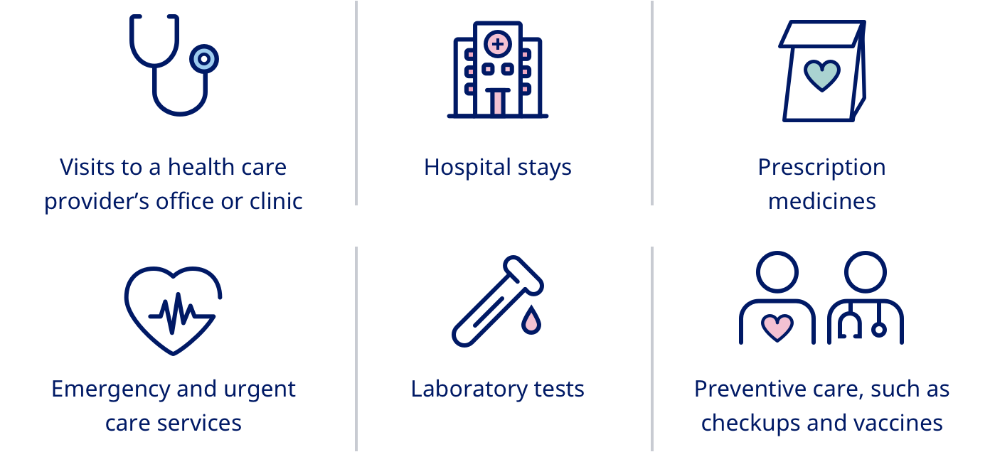 Health care office or clinic visits Hospital stays Prescription medicines Emergency and urgent care services Laboratory tests Preventative care