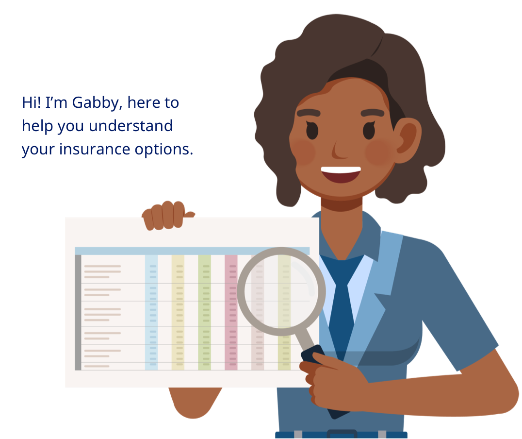 Gabby, your health insurance guide, holding a magnifying glass over a chart