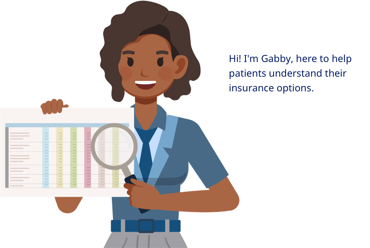 Gabby, your health insurance guide, holding a magnifying glass over a chart