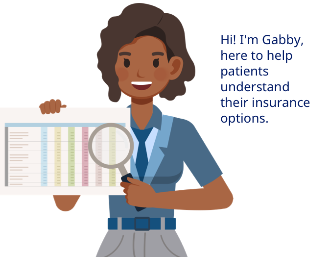 Gabby, your health insurance guide, holding a magnifying glass over a chart