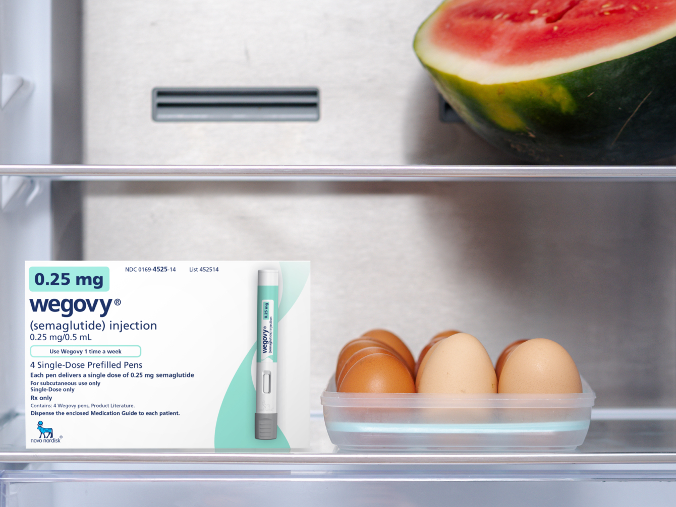 Wegovy® (semaglutide) injection box stored in a refrigerator