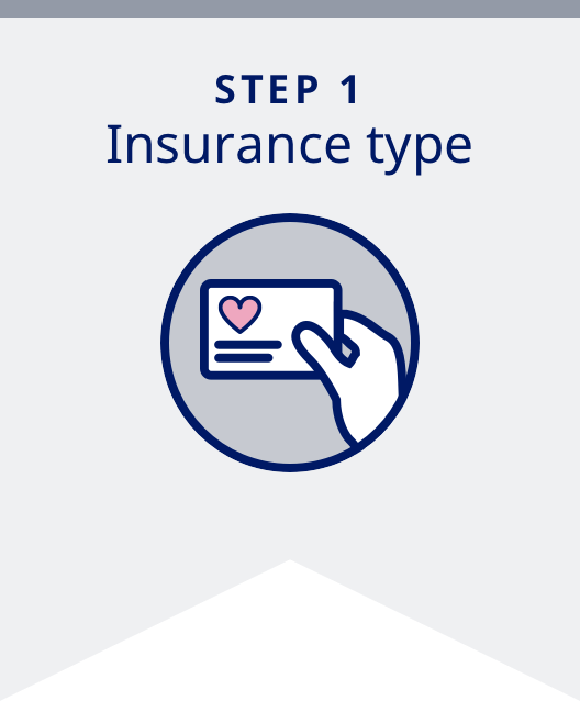 Step 1: Insurance type banner with hand holding insurance card icon