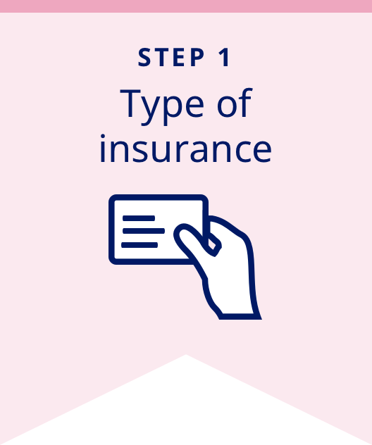 Step 1: Insurance type banner with hand holding insurance card icon