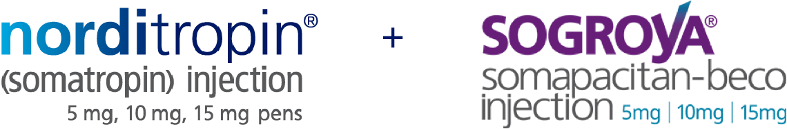 Norditropin® (somatropin) injection 5 mg, 10 mg, 15 mg pens and Sogroya® (somapacitan-beco) injection 5 mg, 10 mg or 15 mg logos