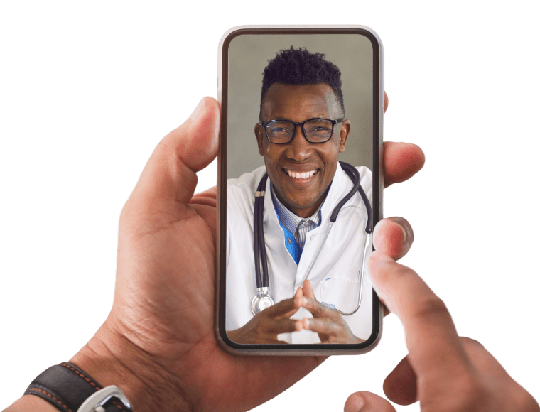 Phone in hand with HCP on screen