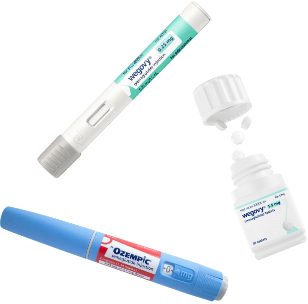 Wegovy® 0.25 mg semaglutide injection pen, Wegovy® semaglutide tablet 25 mg, Ozempic® (semaglutide) injection 0.5 mg, 1 mg, 2 mg