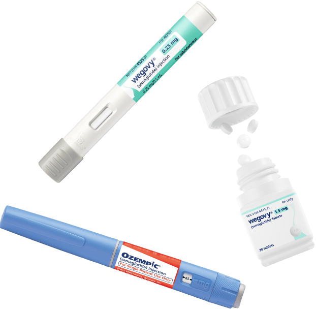 Wegovy® 0.25 mg semaglutide injection pen, Wegovy® semaglutide tablet 25 mg, Ozempic® (semaglutide) injection 0.5 mg, 1 mg, 2 mg